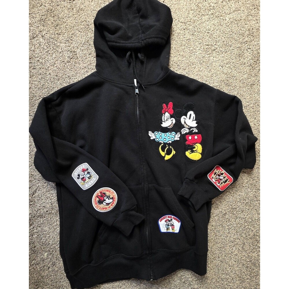 Disney Mickey Mouse & Minnie Patch Hoodie Size Large Black Embroidered